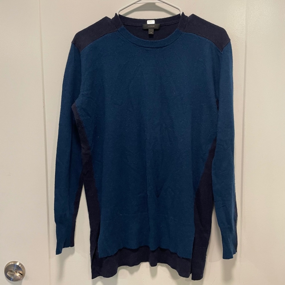 J.Crew Colorblock Wool Blend Crewneck Sweater Navy Teal Blue XS